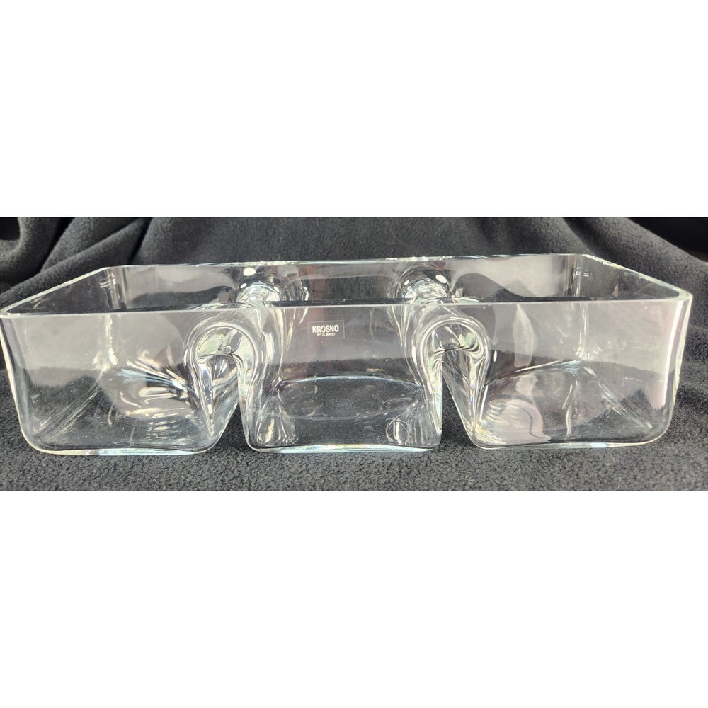 NWT Krosno Poland Art Glass Clear Rectangular Divided‎ Candy Nut Relish Dish